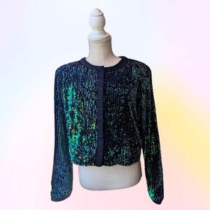 Iridescent blue green sequin blazer jacket from Hypr with black fur, size Large